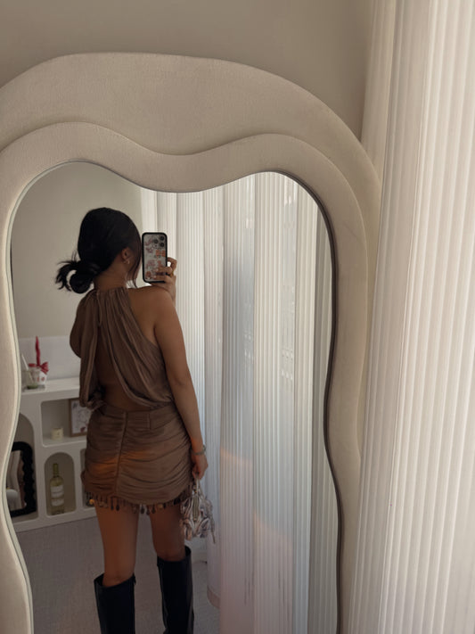 Espresso silk open back dress