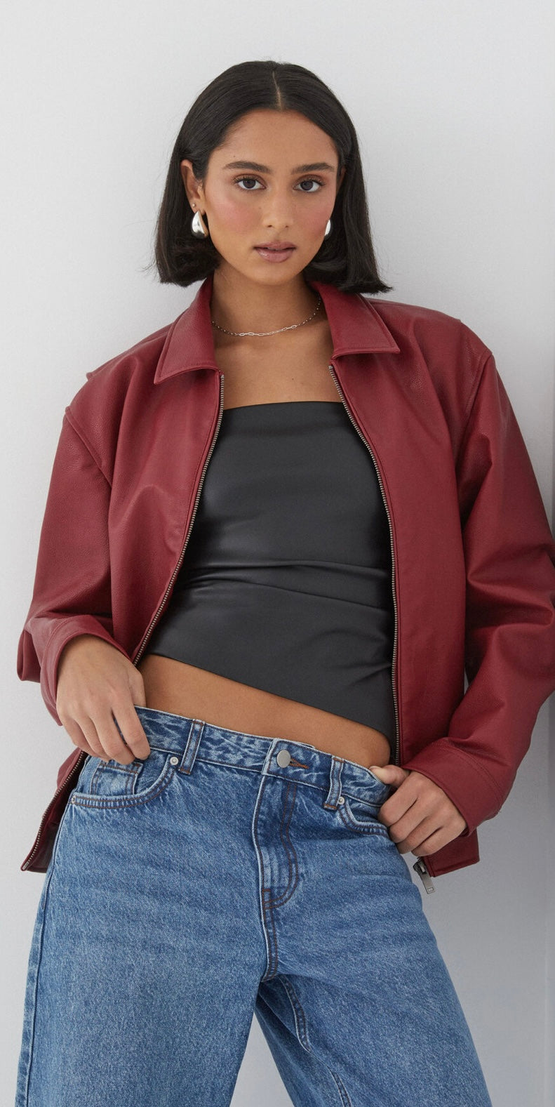 Faux Leather Collared Bomber Jacket