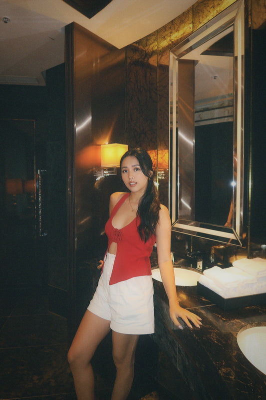Red flower knit top