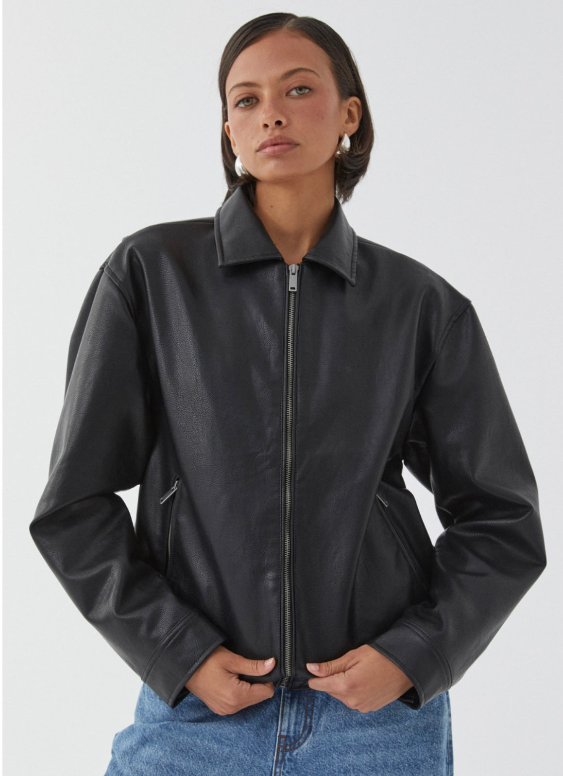 Faux Leather Collared Bomber Jacket