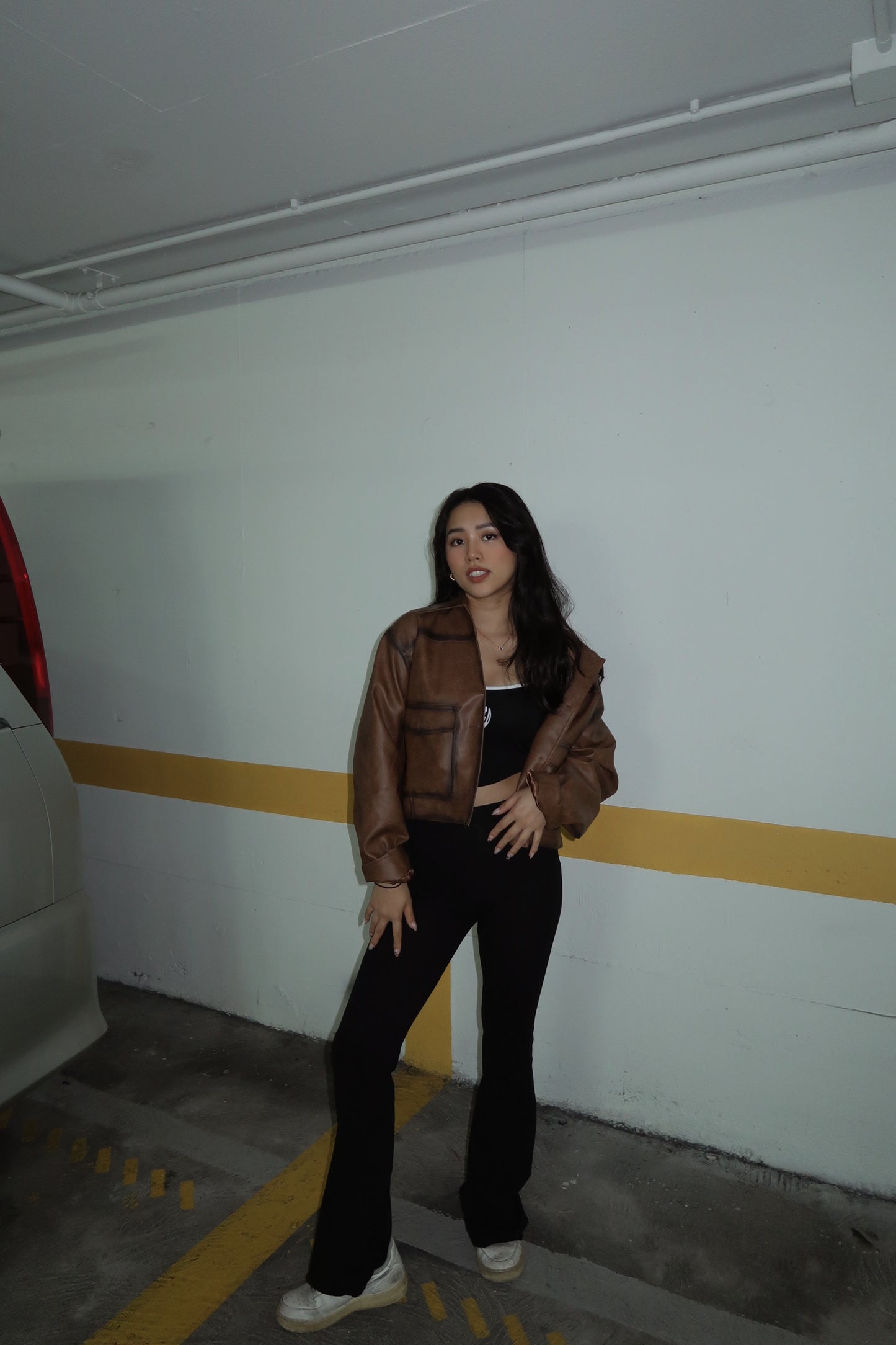 PU cropped brown leather jacket