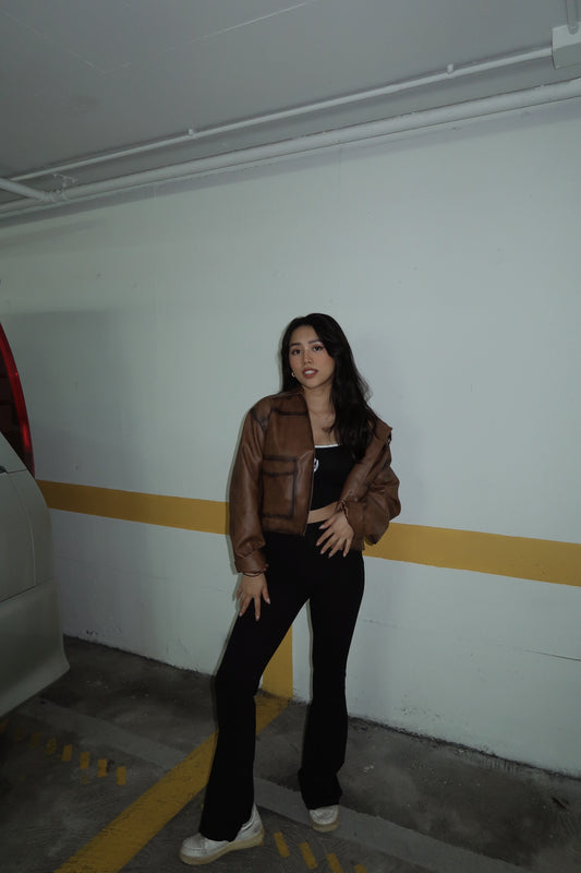 PU cropped brown leather jacket