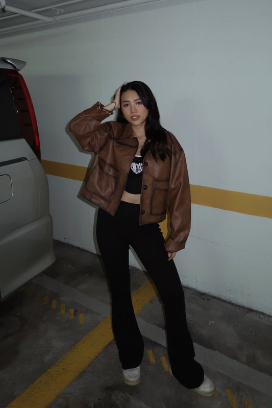 PU cropped brown leather jacket
