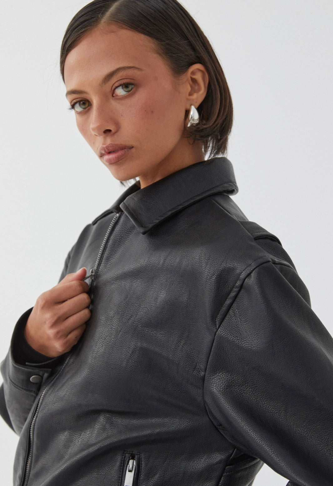 Faux Leather Collared Bomber Jacket